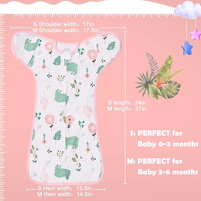 2 Pack Transition Swaddle with 2 Way Zipper, 2 in 1 Arms in/Out Transitional Arms Up Swaddle, 100% Cotton Newborn Swaddles Zipper Swaddles Baby Swaddling Sack Sleep Sack 3-6 Months, Flamingo & Bear
