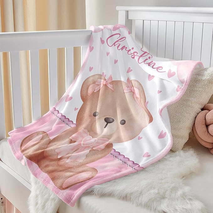 Personalized Baby Blanket for Girls, Custom Baby Blanket with Name, Soft Cozy Personalized Name Blankets for Kids, Customized Bear Blanket for Infant Toddler Birthday Christmas