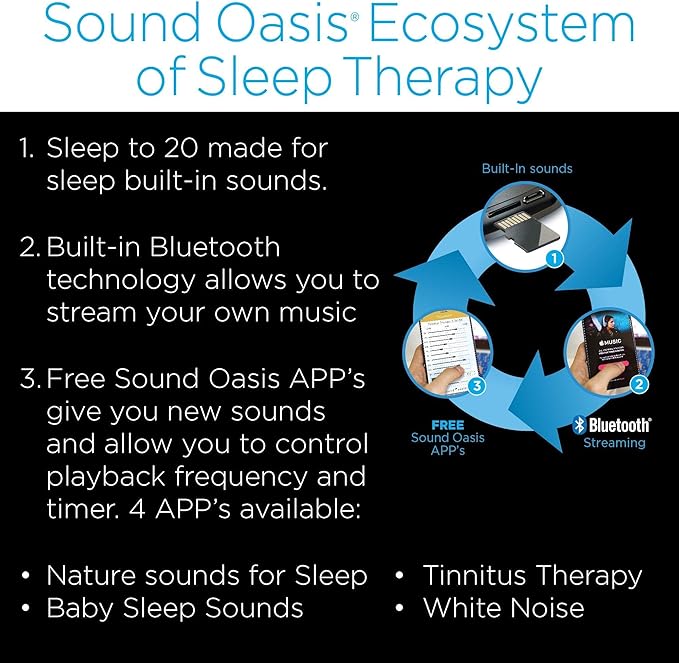 Sound Oasis Pink Noise Bluetooth Sound Machine for Sleeping, 20 Non-Looping Soothing Sounds with Speaker & Memory Function, Portable Sleep Sound Therapy for Home, Office or Travel