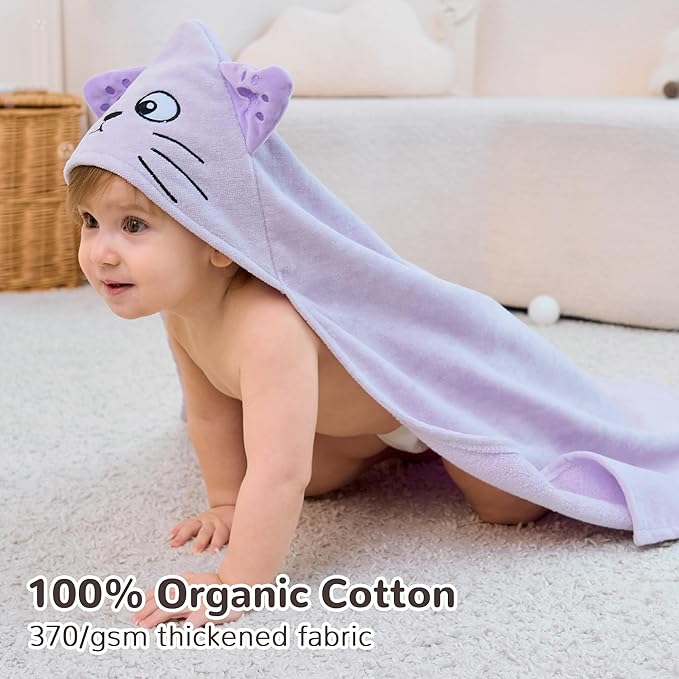 Viviland 2 Pack Hooded Baby Towels, Soft 100% Cotton Baby Bath Towels with Hood, Extra Thick and Absorbent, Essential for Newborns, Kids, Infants - Girls and Boys (Dinosaur & Cat)