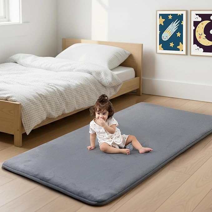 1.3" Thick Baby Bedside Floor Mat for Bedroom, Basic Padded Foam Soft Plush 2x6 Runner Rug with Non Slip Cushioned for Nursery Playroom (Dark Grey)