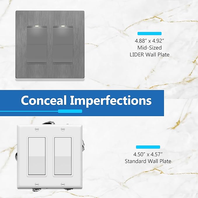 LIDER Matte Finish Double Decorator Switch Cover, Screwless Wall Plate, Mid-Size 2-Gang 4.88" x 4.92", Unbreakable Polycarbonate Thermoplastic, UL Listed, LSWP-32M-BGY10P, Brushed Gray, 10 pack