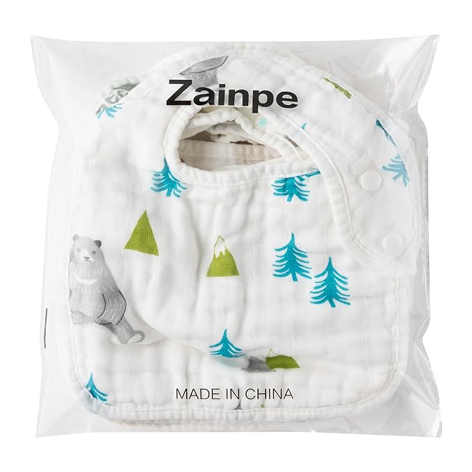 Zainpe 6Pcs Snap Muslin Cotton Baby Bibs Bear Fox Infants Drooling Bib Soft Absorbent Adjustable Burp Cloth Machine Washable Feeding Cloths for Newborn Girl Boy Toddler Teething Eating 0 to 36 Months