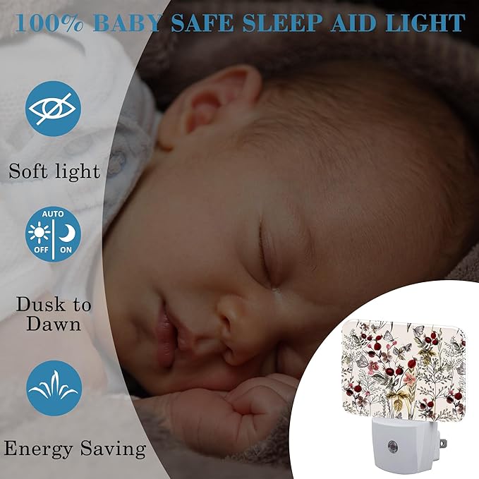 Vintage Flowers Plants Night Light, Butterfly Nightlight Plug into Wall with Dusk to Dawn Sensor for Kid Girls Boys Women Men Bedroom, Hallway, Kitchen, Bathroom, Stairs Decor