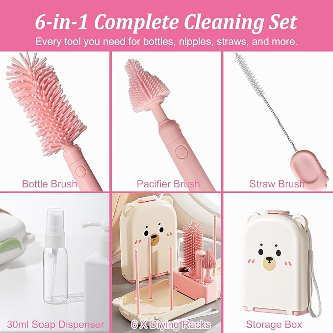 Pink Travel Baby Bottle Cleaner Kit – 6-in-1 Portable Brush Set with Drying Rack & Storage Case | Baby Travel Essentials for Flying, Newborn Bottle Cleaning & Breast Pump Parts On-The-Go