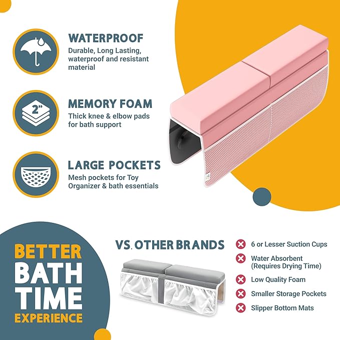 Memory Foam Bath Kneeler and Elbow Rest Pad Set, 2-Inch Thick, Water-Resistant Mat – Baby Bath Time Essentials Cushion and Bath Kneeling Pad for Bathing Baby with Bathtub Toy Organizer (Pink)