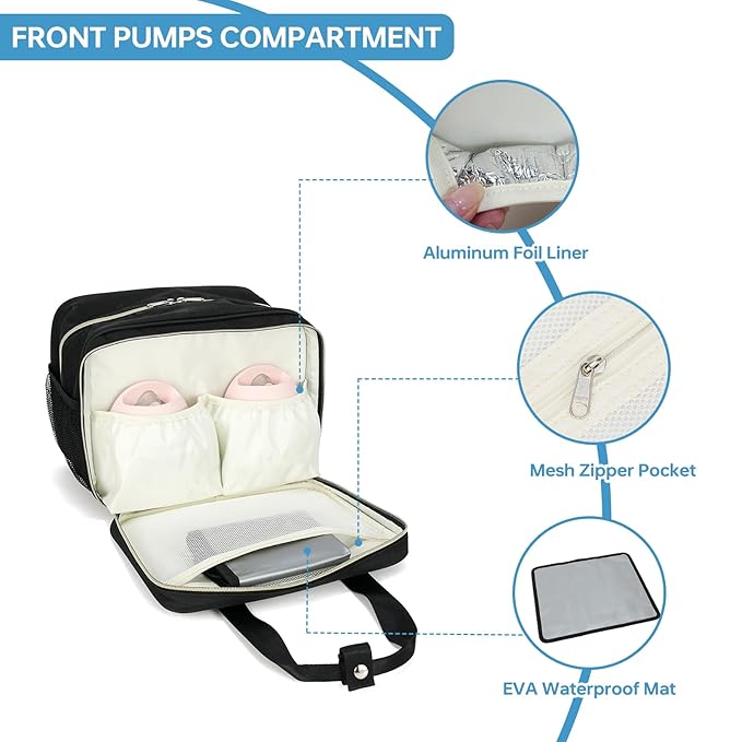 Breast Milk Cooler Bag with Ice Pack,Fits 6 Baby Bottles Up to 9 Ounce Breast Milk Cooler Travel Bag Compatible with Wearable Breast Pumps & Accessories for Nursing Mom Daycare Black