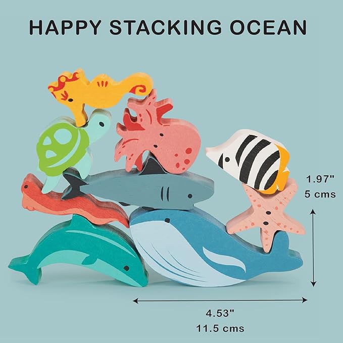 Mentari Toys - Happy Stacking Ocean - 9pc Wooden Stacking Toy for Toddlers - Colorful Sea Themed Balancing Activity Toy with Bag - Boost Fine Motor Skills and Dexterity - Educational Toy - Age 18m+