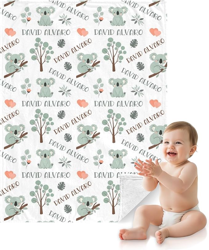 Ship Next Day Personalized Baby Blanket, Printed in USA - Custom Name Toddler Blanket with Koala Pattern, Personalized