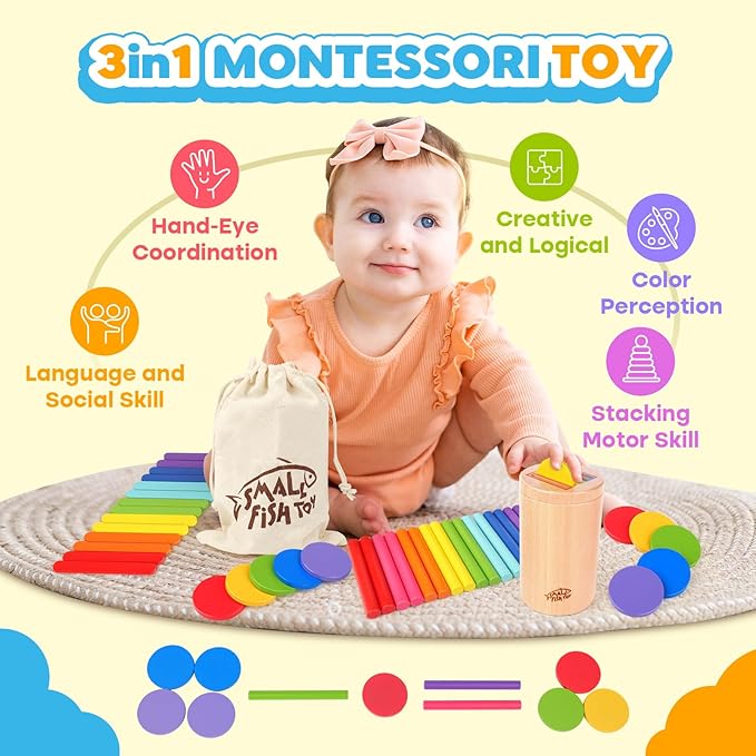 Wooden Montessori Baby Toddler Toys: 3 in 1Learning Fine Motor Skills Juguetes, Educational Color Sorting Fidget Sensory Toys for Toddlers 1-3, Object Permanence Cause and Effect Boys Girls Gifts