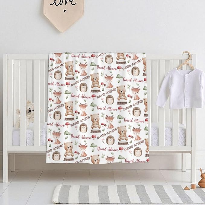 Ship Next Day, Personalized Baby Blanket for Boys Girls - Printed in USA, Custom Name Toddler Blanket with Deer Pattern, Perfect Newborn Gift