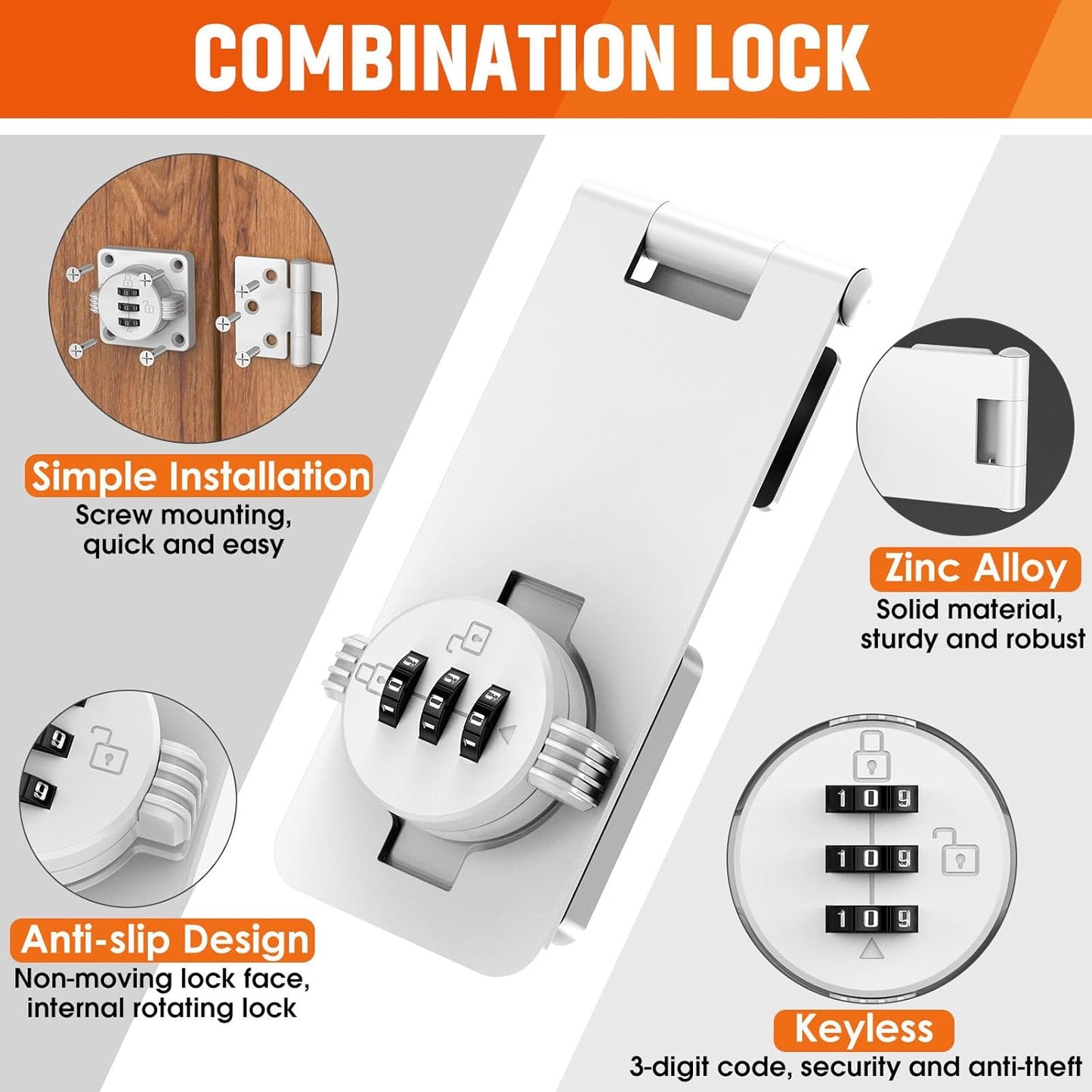 Keyless Cabinet Lock with Combination, Locker Code Lock with 3-Digit Combination, Security Door Lock for Drawers, Lockers, Bifold Doors, Small Doors, Closets, Refrigerators (White-2pcs)