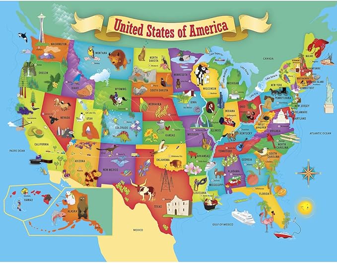 MasterPieces 60 Piece Educational Jigsaw Puzzle for Kids - USA Map State Shaped - 16.5"x12.75"