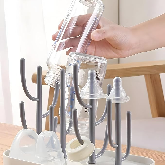 Baby Bottle Drying Rack with Base, Creative Tree Branch Baby Bottle Dryer Holder for Bottles, Teats, Cups, Pump Parts and Accessories (Gray)