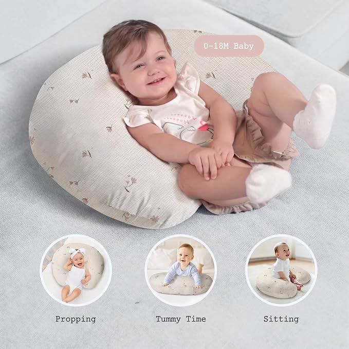 Little Grape Land Nursing Pillow, Soft 100% Cotton Breastfeeding Pillow with Breathable Muslin Cotton Removable Cover, Fog Flower Breast Feeding Pillows for Babies 0-12 Months with Protective Zipper