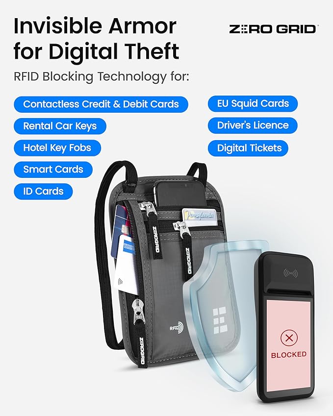 Neck Wallet for Travel & Passport Holder with RFID Blocking - Slim & Easy to Conceal Nylon Travel Pouch for men & women - Holds Phone, Cash, Cards, Keys - Sweat & Water Resistant - Large - Light Grey