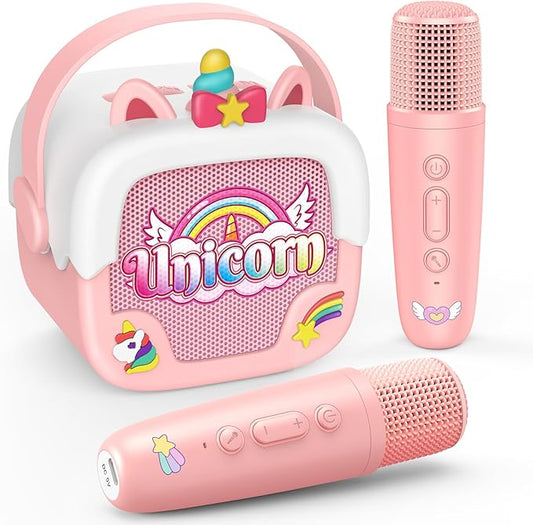 Mini Karaoke Machine for Kids Girls: Unicorn Portable Bluetooth Speakers with 2 Wireless Mic Birthday Gifts for 5 6 7 8 9 10 11 Years Teens Toys for Girls Age 4-6 7 8 9 Years Old Girl Gifts Pink