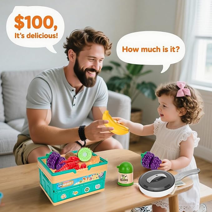 80Pcs Kitchen Playset, Toddler Pretend Cooking with Pots, Pans, Cookware, Food, Picnic Blanket, Fruits, Veges, Shopping Storage Basket, Dessert , Learning Gift for Girls Boys (White)