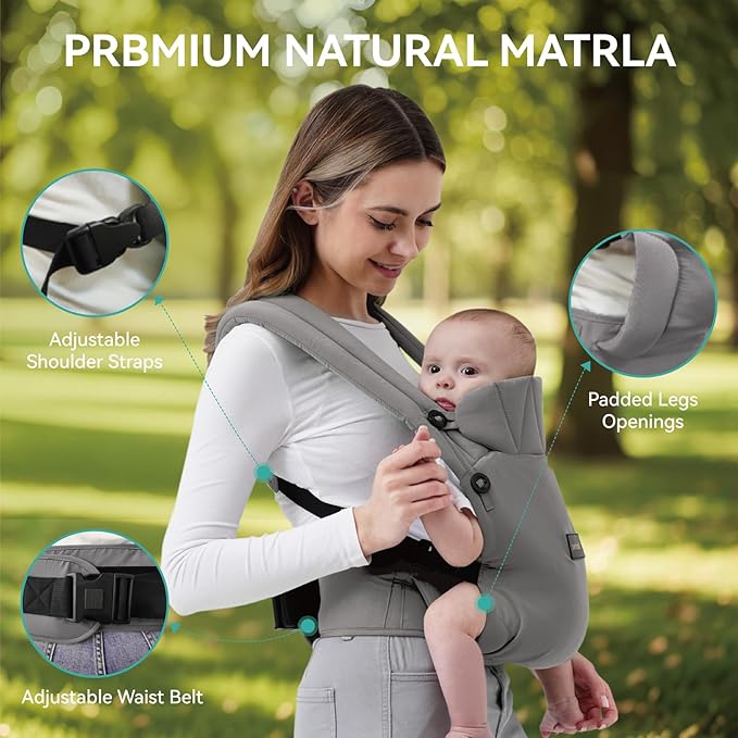 Baby Carrier Newborn to Toddler 7-45 lbs with Natural Material, Ergonomic Design,Versatile and Adjustable,Hands Free for Moms&Dads,Gray
