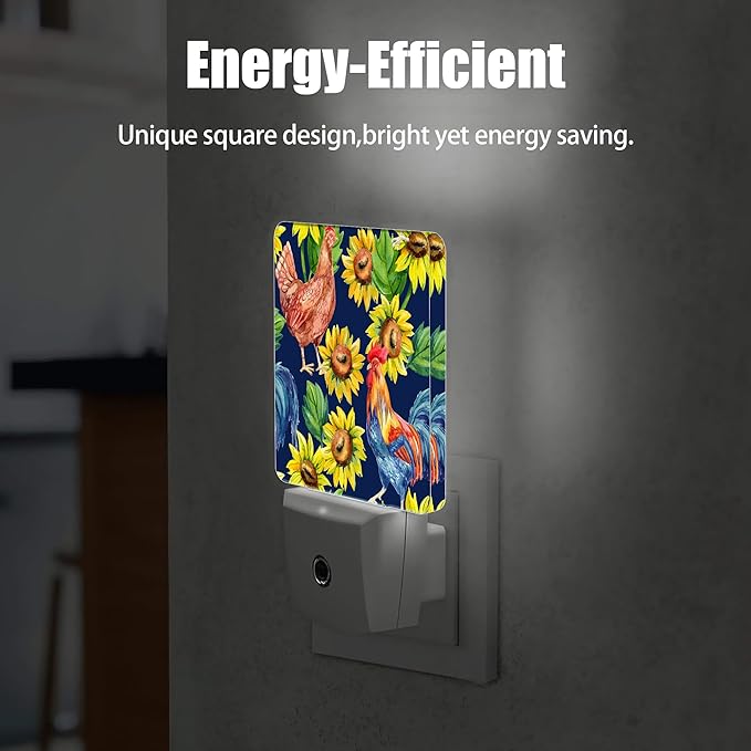 Retro Hen Rooster Night Light, Sunflowers Plug into Wall with Dusk to Dawn Light Sensors, Warm Nightlights for Bedroom, Bathroom, Hallway, Kitchen, Gifts Ideal for Boys Girls Women Men