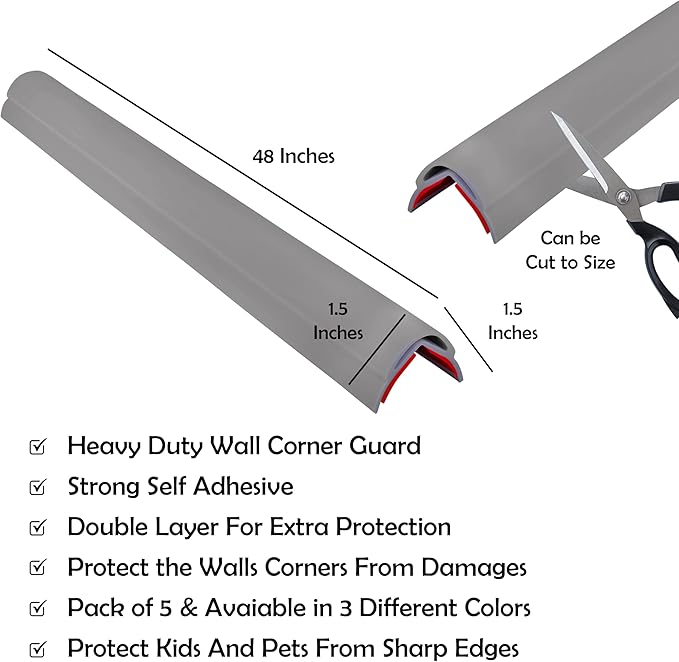 Rubber Bond Wall Corner Guard Edge Protector, 48 inch Heavy Duty Baby Proofing Corner Guards | Self-Adhesive Furniture Edge Strips for Home & Office (5, Grey)