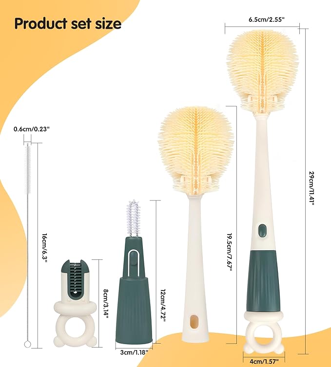 Long Handle Bottle Cleaning Brush Set, 4-in-1 Silicone Baby Bottle Cleaner Brush Kit, Multifunctional Water Bottles Washer for Travel, Baby Bottles, Breast Pump, Spout, Nipple & Straw