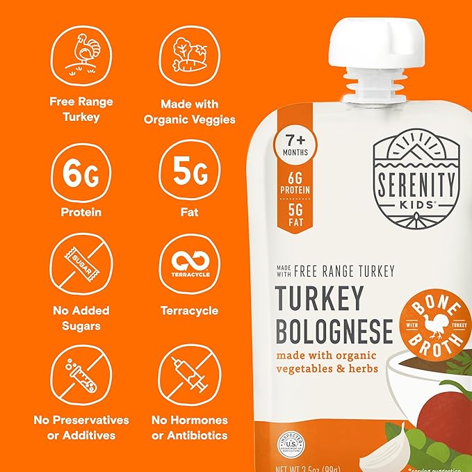 Serenity Kids Bone Broth Puree Made With Organic Veggies | Clean Label Project Purity Award Certified | 3.5 Ounce BPA-Free Pouch | Free Range Turkey Bolognese | 1 Count