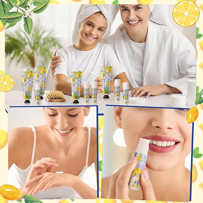 24 Sets Lemon Hand Cream and Lip Balm Gift Lemon Bridal Baby Shower Party Supply Travel Size Hand Lotion and Lip Balm Bulk with Organza Bag and Tag Wedding Baby Shower Party