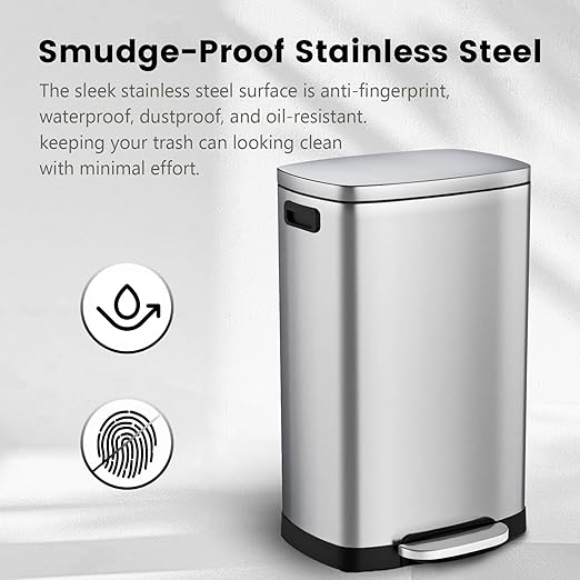 ELPHECO Kitchen Trash Can with Lid Soft Close, 13 Gallon / 50L Stainless Steel Pedal Garbage Can, Heavy-Duty Fingerprint Proof Step Wastebasket with 20 Bags, Removable Bucket, Home Office, Silver