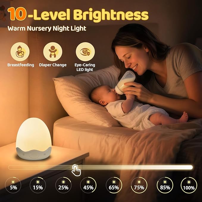 Baby Night Light for Kids,10 Brightness+10 Colors Egg Light for Nursery, Touch+Remote+3600mAh Rechargeable Egg Night Light for Baby Nursery,Warm Light for Breastfeeding 1h Timer&Portable,Newborn Gifts