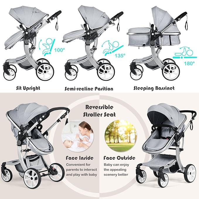 BABY JOY 2-in-1 High Landscape Baby Stroller, Reversible Bassinet Reclining Stroller, Foldable Push Chair w/Adjustable Canopy, Storage Bag, Foot Cover, Rain Cover & Net, Aluminum Alloy Frame (Gray)