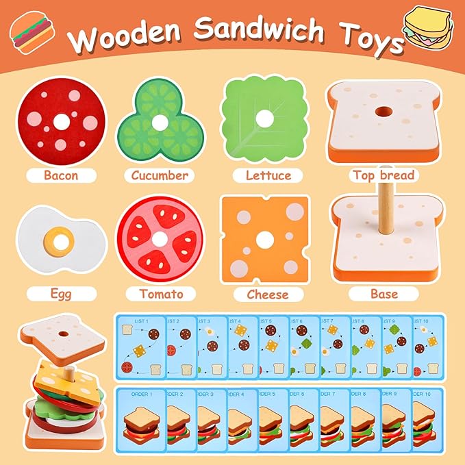 Montessori Toys for 2, 3 Year Old, Wooden Burger Sandwich Stacking Toys for Toddler Educational Toys Fine Motor Skills Foods Preschool Learning Blocks Gifts Boys Girls
