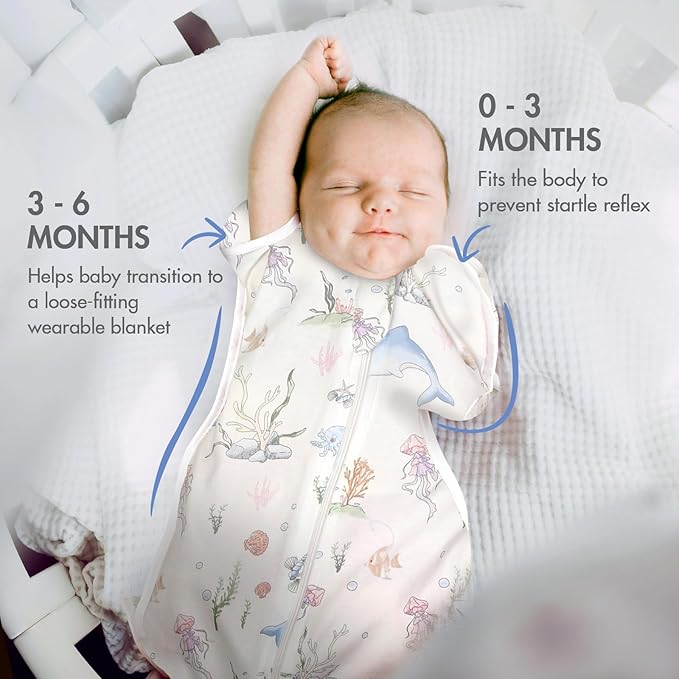2-Pack Baby Transitional Swaddle Sleep Sack - Arms Up Swaddle 3-6 Months for Baby Boys, Newborn Sleep Sack with Cuff Removable & 2-Way Zipper Design, Blue Dolphin