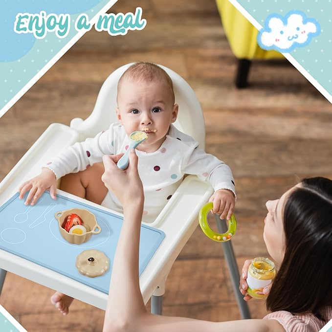 Zhehao 4 Pcs Montessori Kids Placemat 16 x 12'' Non Slip Baby Silicone Placemats for Toddlers Baby Eating Mat Food Mats for Toddler Dining Table Setting Learning Travel Kitchen(Neutral Colors)