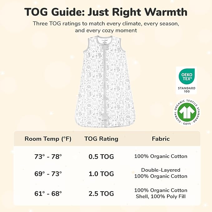 Baby Sleep Sack 1.0 TOG, Organic Cotton Baby Wearable Blanket with Two-Way Zipper, Swaddle Transition Baby Sleeping Bag, All-Season Sleep Sack for Newborn Infant Toddler Boy Girl, 0-6 Months, 1-Pack