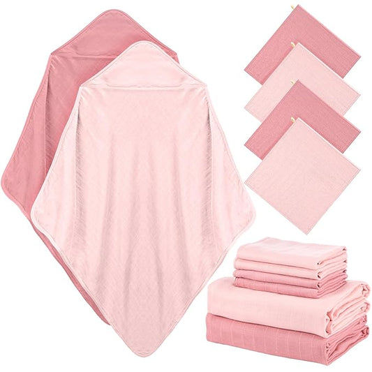 Preboun 6 Pcs Muslin Hooded Baby Towels and Washcloths 32"x 32" Cotton Newborn Bath Towel Anti-Shrink Infant Baby Blankets with Hood 12"x 12" Washcloths for Girl Boy Toddler(Pink,Dark Pink)