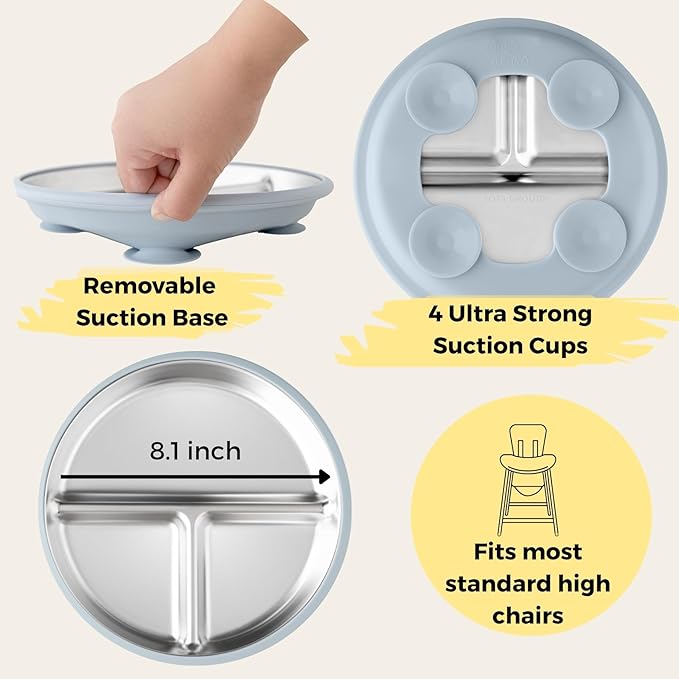 Stainless Steel Toddler Feeding Set 4 Pieces – Suction Plate, Silicone Bib, Spoon & Fork – Divided Plates for Baby Led Weaning, BPA-Free, Removable Shell (Baby Blue)