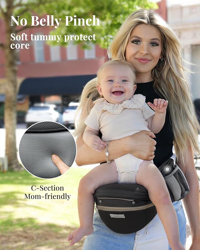 MOMTORY StowNGO Pro Baby Carrier, Safety-Certified 6-in-1 Ultra Storage Baby Carrier Newborn to Toddler, Front & Back Baby Holder Carrier with Hip Seat, Pure Black