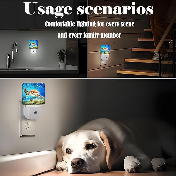 Sea Turtle Corals Fish Night Light,Plug Into Wall for Boys Girls Bedroom Decorative Square Night Light Lamp 0.5w Sleep Friendly