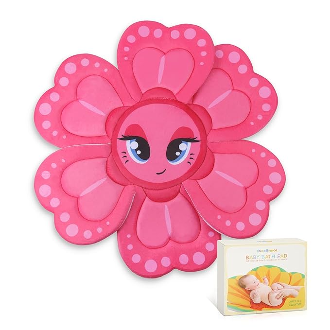 Flower Baby Bath Pad - Ultra Soft Infant Bathtub Mat with Non-Slip Petal Design, Newborn Bathing Lounger Insert for Sink or Tub, Pink Butterfly Theme