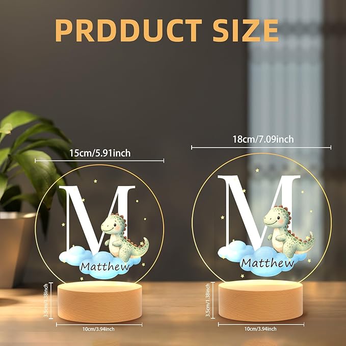 Custom Baby Gift Night Light for Baby Boys Girls Nursery Decor, Personalized Initial Name LED Night Light with Wooden Base, LED Color-Changing Lamp for Toddlers Kids 2