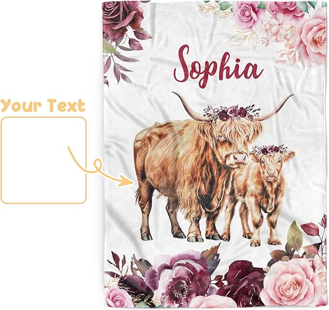 Personalized Baby Blanket, Custom Baby Blankets with Name for Girls Boys, Flannel Double Layer Dotted Backing Receiving Swaddle Blanket, Highland Cow Toddlers Infants Customized Gifts(30"x40")