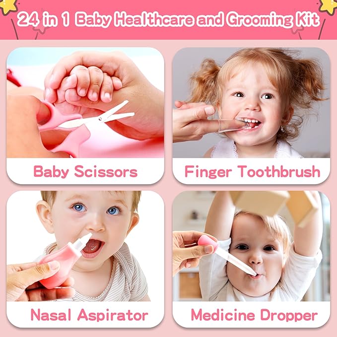 Baby Grooming Kit, Infant Safety Care Set with Hair Brush Comb Nail Clipper Nasal Aspirator,Baby Essentials Kit for Newborn Girls Boys, Pink-24- in-1