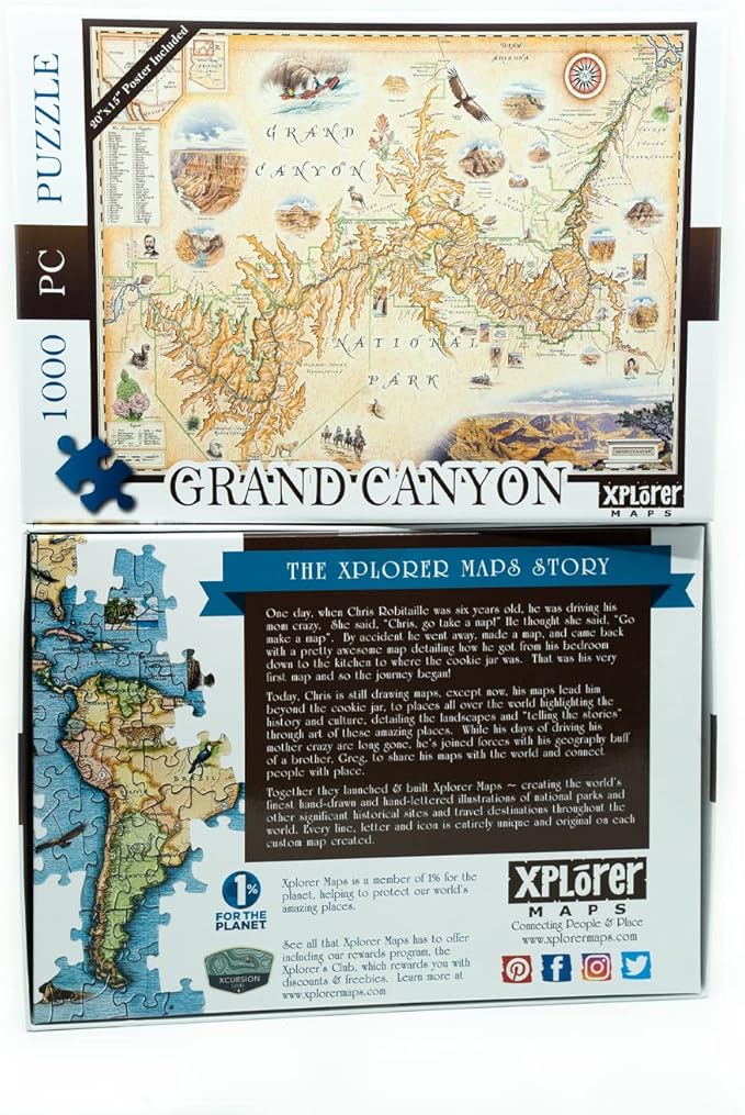 Grand Canyon National Park Cardboard Jigsaw Puzzle - 1000 Pieces, Hand-Illustrated - Educational, Family Activity, Ages 7+, Includes Poster - 25.4 x 19.8