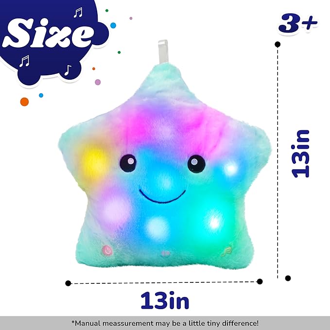 Cuteoy 13" Musical Green Star Plush Pillow Glowing Twinkle Night Light Stuffed Animal LED Toys Adjustable Volume Birthday for Girls Boys