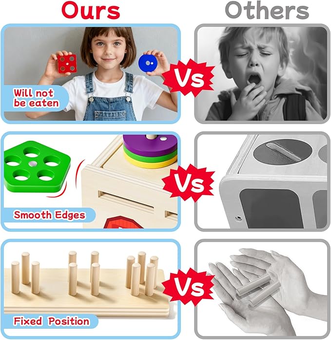 Montessori 4 in 1 Wooden Sorting Shape Sorter and Stacking Toy Box Color Matching Counting Fishing Game Preschool Educational Toys for 3 Years Boys and Girls Gifts