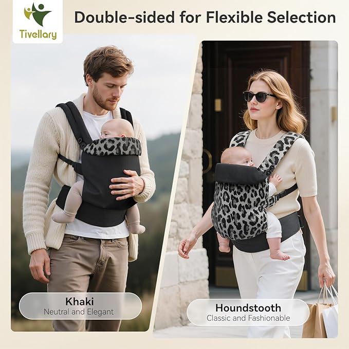 Reversible Baby Carrier – Black Solid & Leopard Print; Lightweight & Breathable Lyocell Fabric; Ergonomic Lumbar Support and Quick Hands-Free Wear for Newborn to Toddler (7–44 lbs)