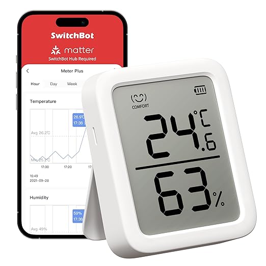 SwitchBot Thermometer Hygrometer, Bluetooth Indoor Humidity Meter for Home, Temperature Sensor with App Control, Large LCD Display, Notification Alerts, 2-Year Data Storage Export