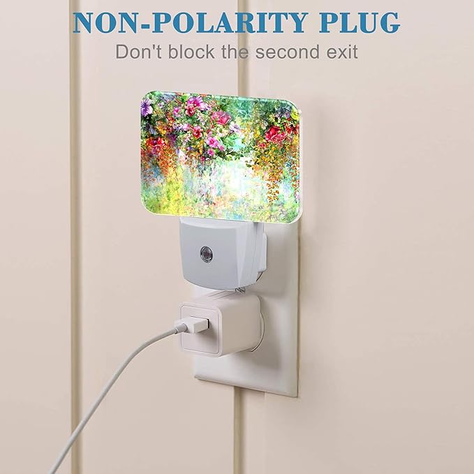 Abstract Watercolor Flowers Night Light Flowers Oli Painting Nightlight Plug into Wall with Dusk to Dawn Sensor for Kid Girls Boys Women Men Room, Hallway, Kitchen, Bathroom, Stairs Decor