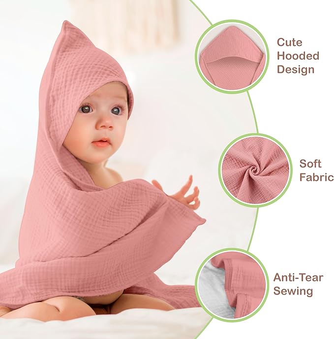 Organic Cotton Muslin Baby Hooded Towels - 32x32 Inch, 2 Pack Newborn Bath Towels for Boys & Girls, Soft & Absorbent Bath Set (Rose/Peach)
